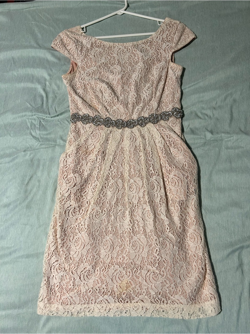 City Triangles Blush Lace Sheath Dress with Beaded Waist